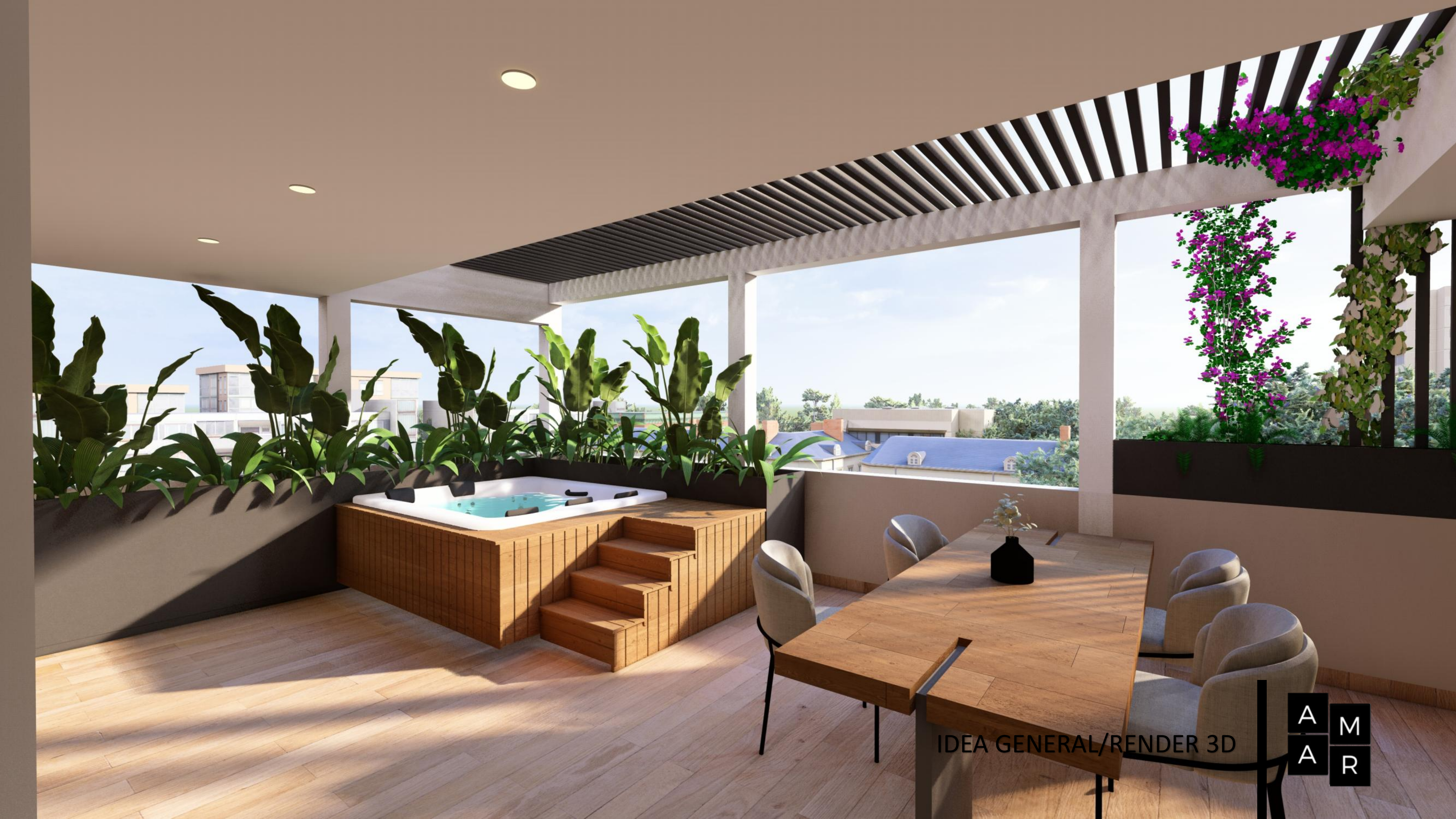Render 3D de la terraza con jacuzzi y vegetación