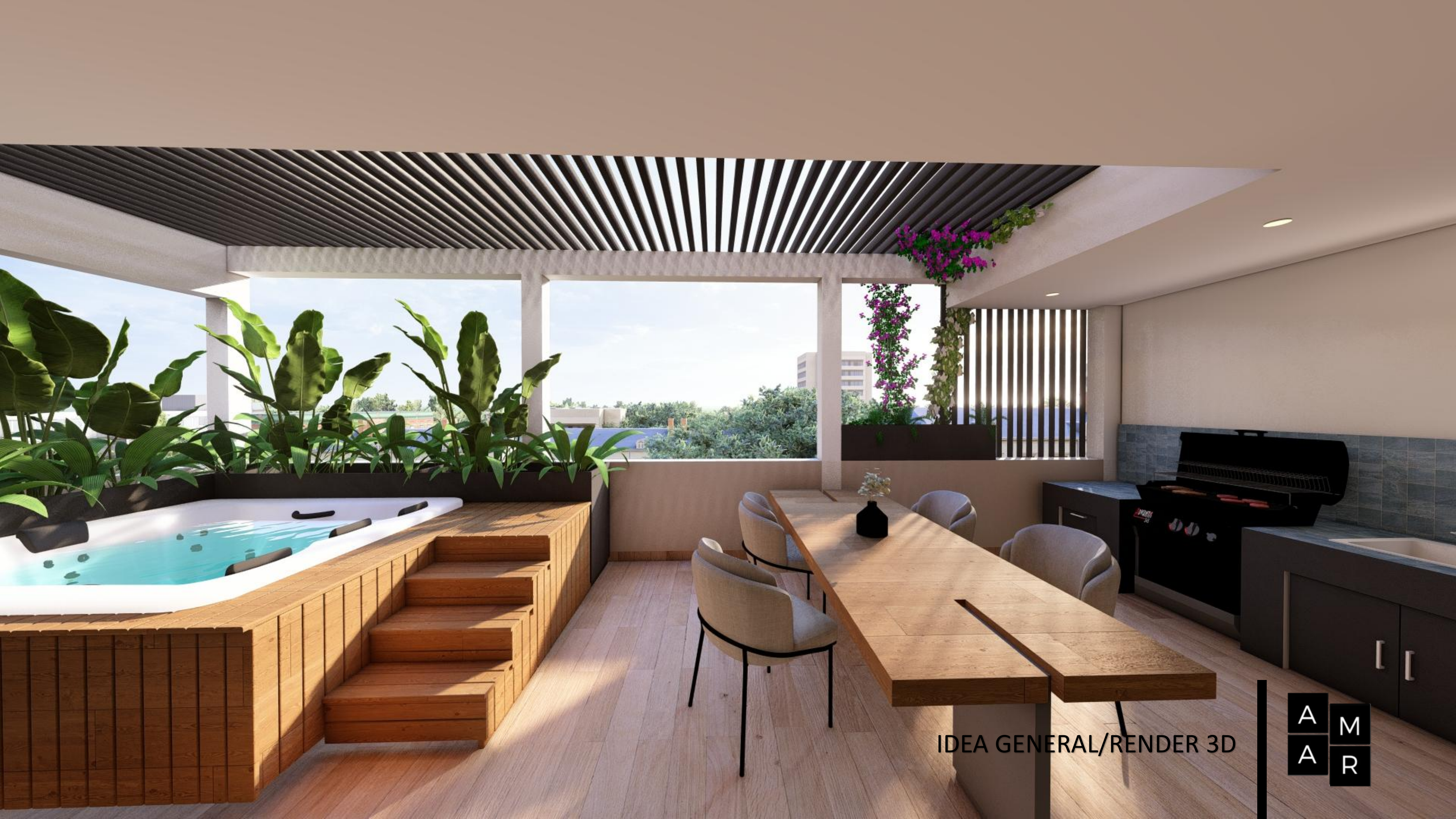 Render 3D de la terraza, comedor exterior y área de BBQ