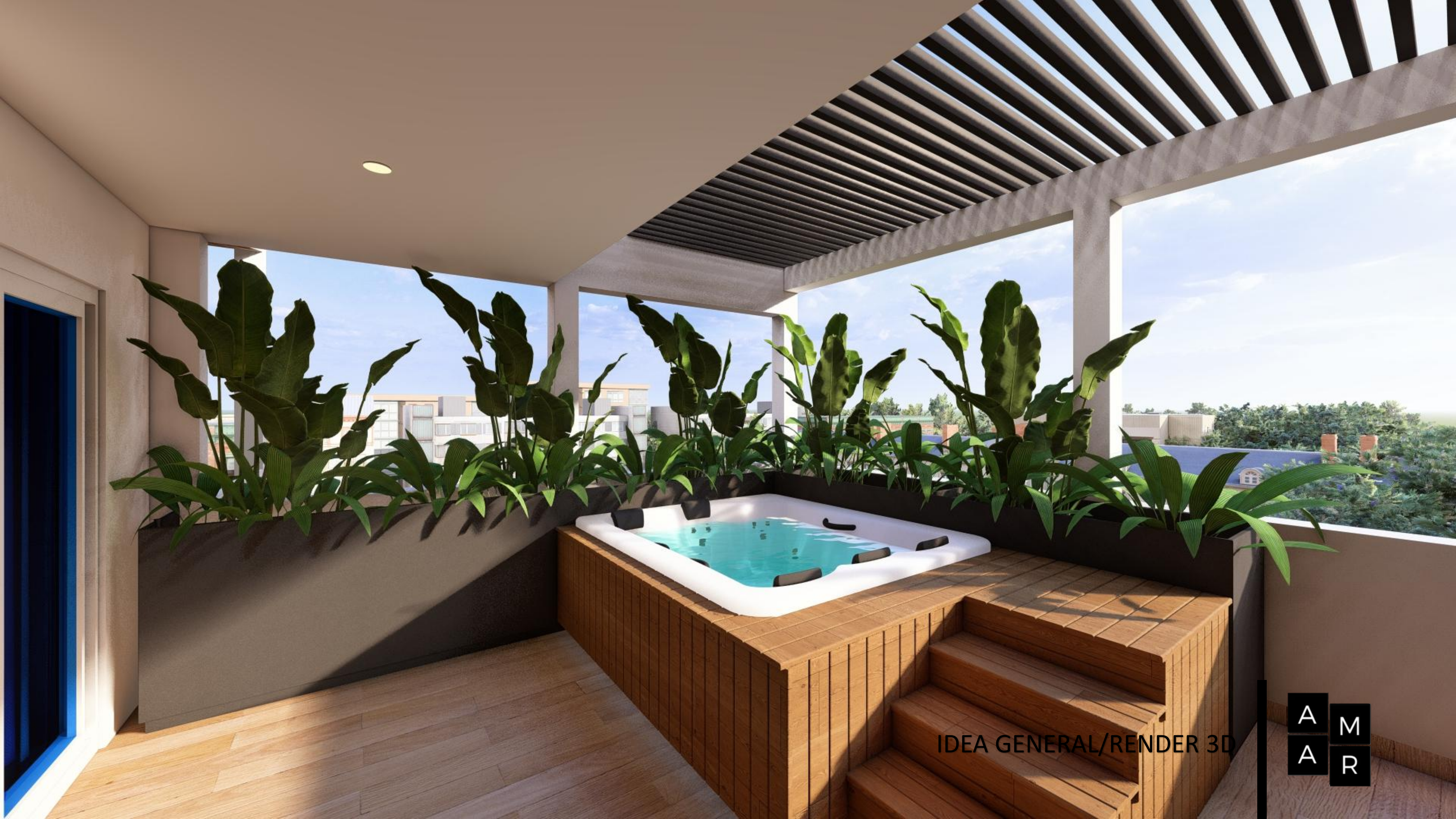 Render 3D del jacuzzi y la terraza desde la esquina