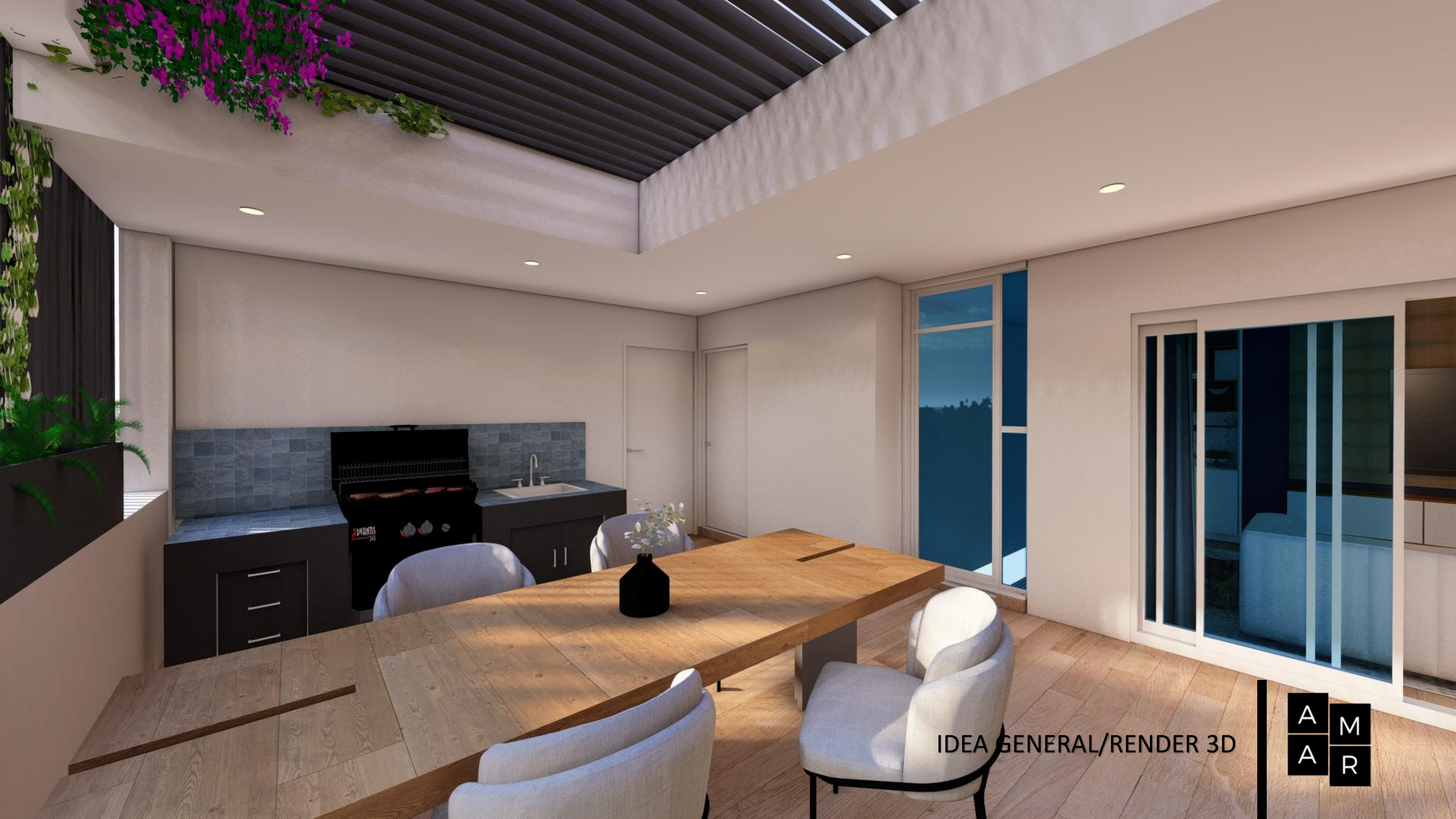 Render 3D del comedor exterior y la cocina de terraza