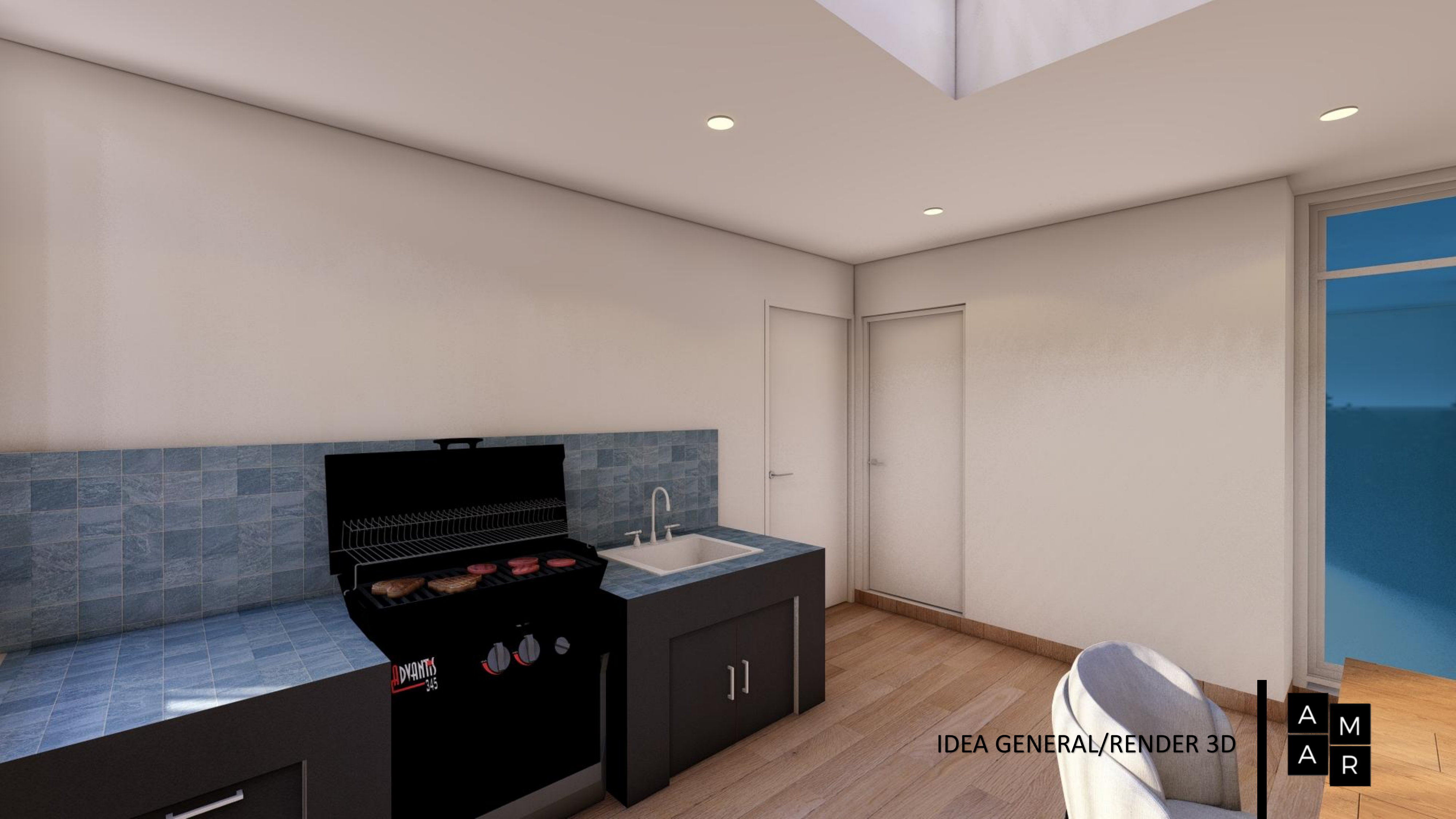 Render 3D del área de BBQ y almacenamiento