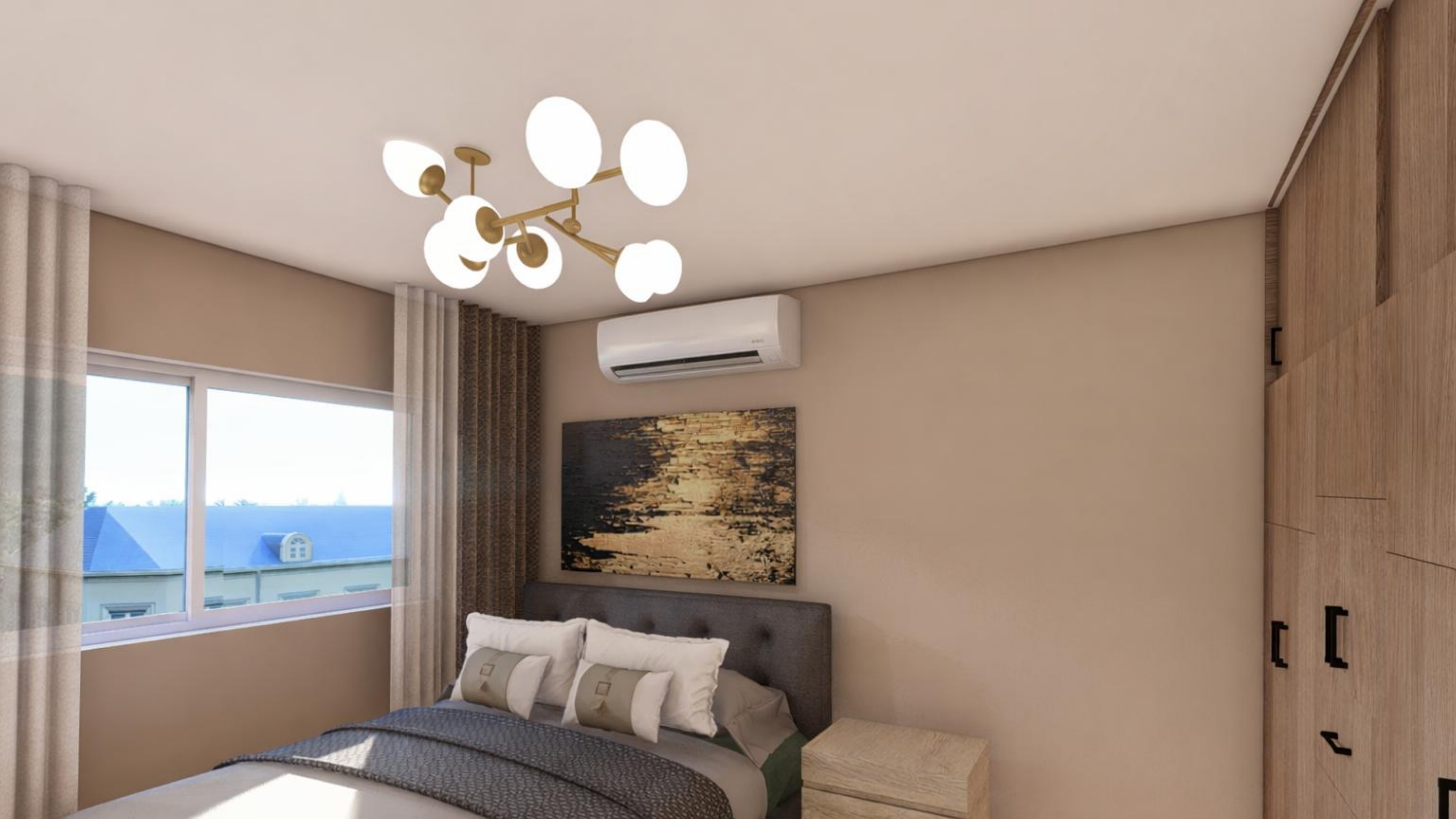 Render 3D del dormitorio con vista exterior