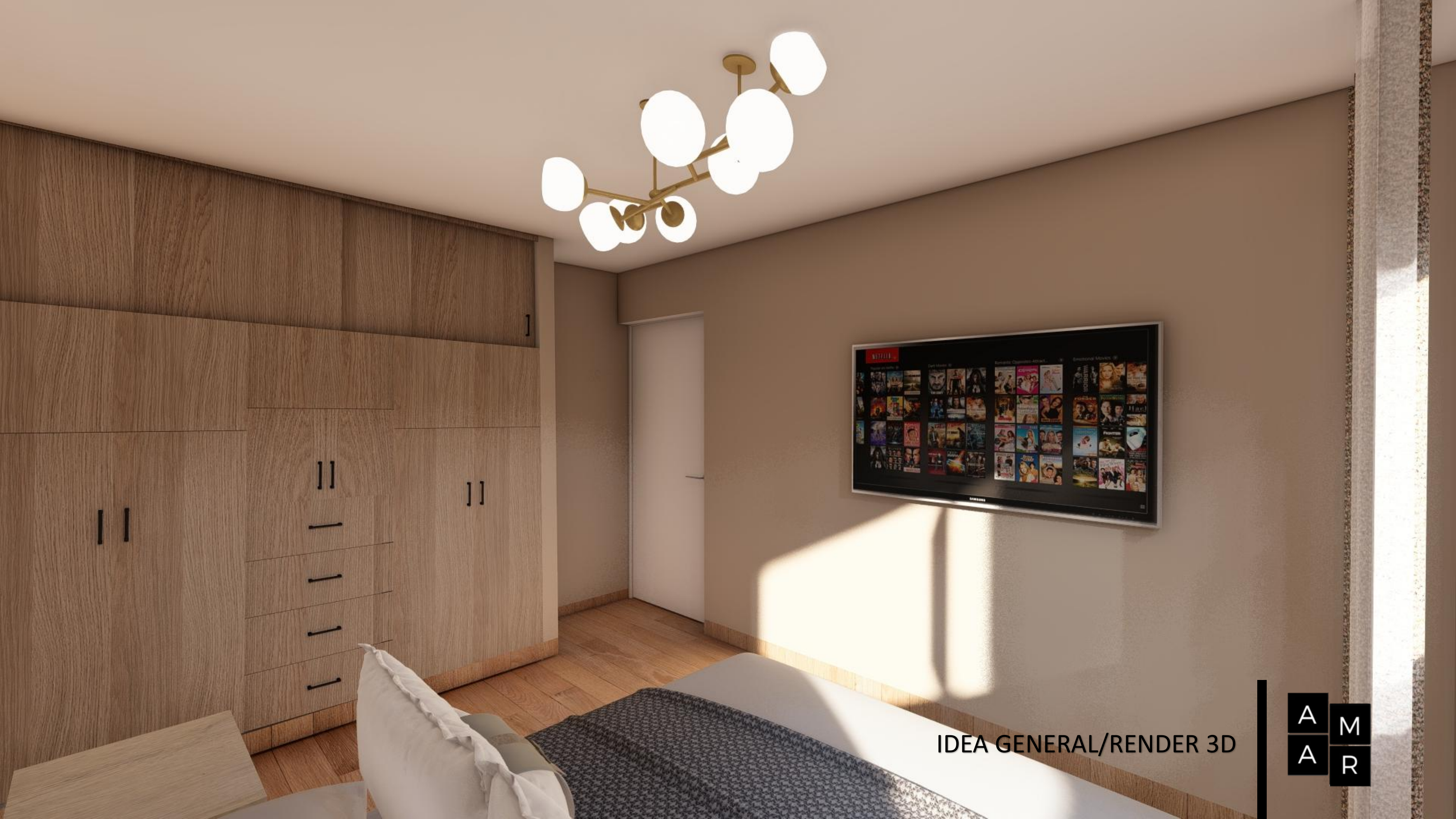 Render 3D del dormitorio, clóset y centro de entretenimiento