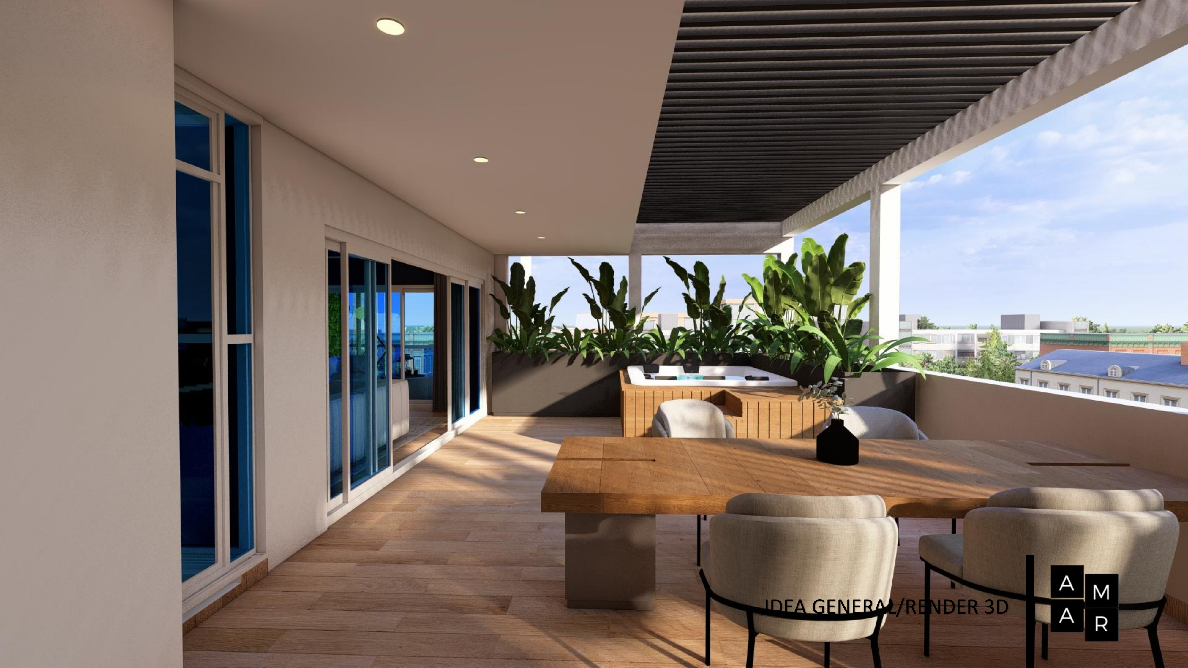 Render 3D panorámico de la terraza