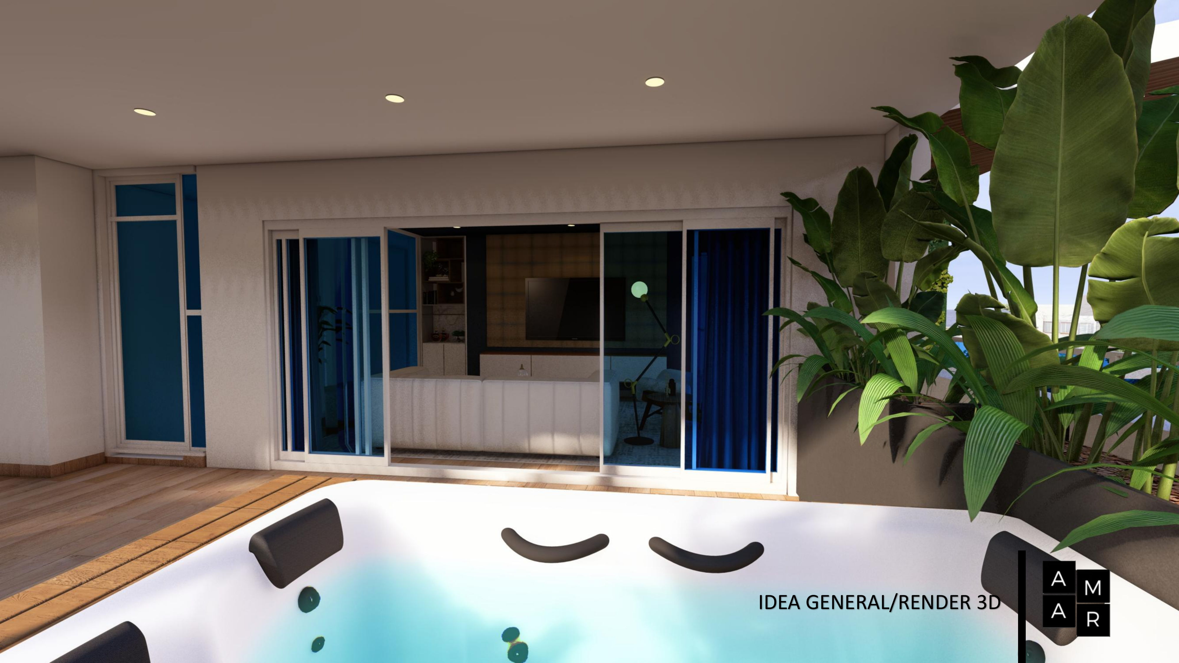 Render 3D del jacuzzi frente a la sala familiar