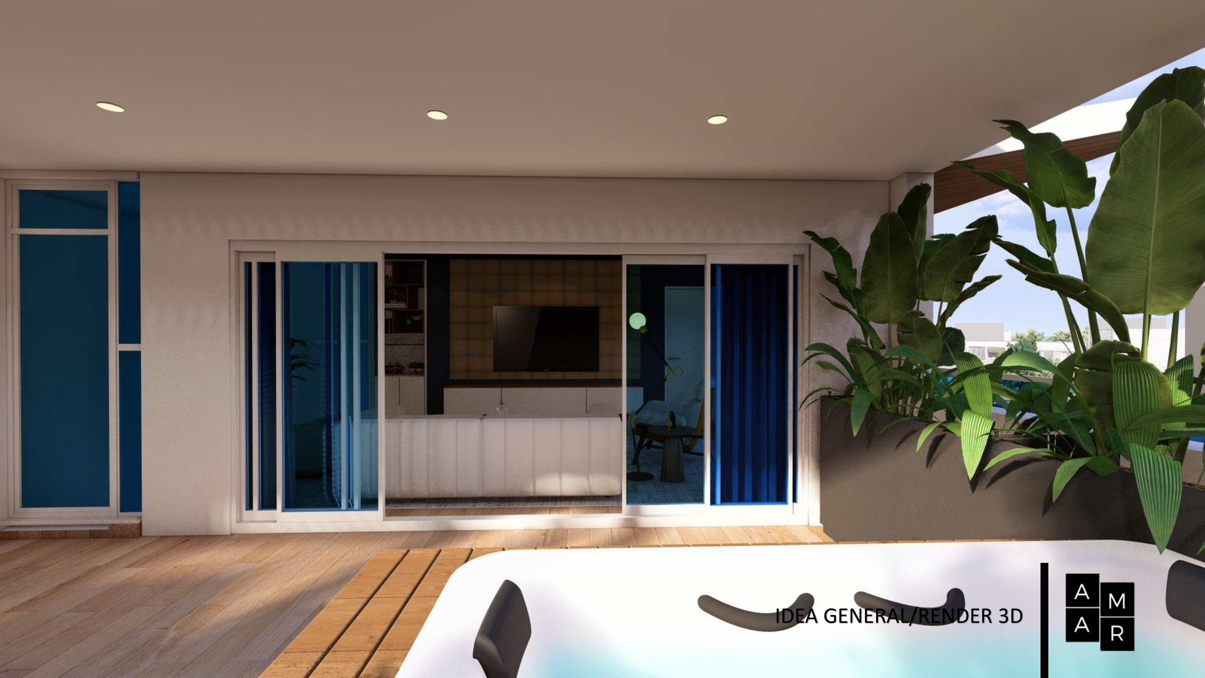 Render 3D frontal del jacuzzi y la sala familiar