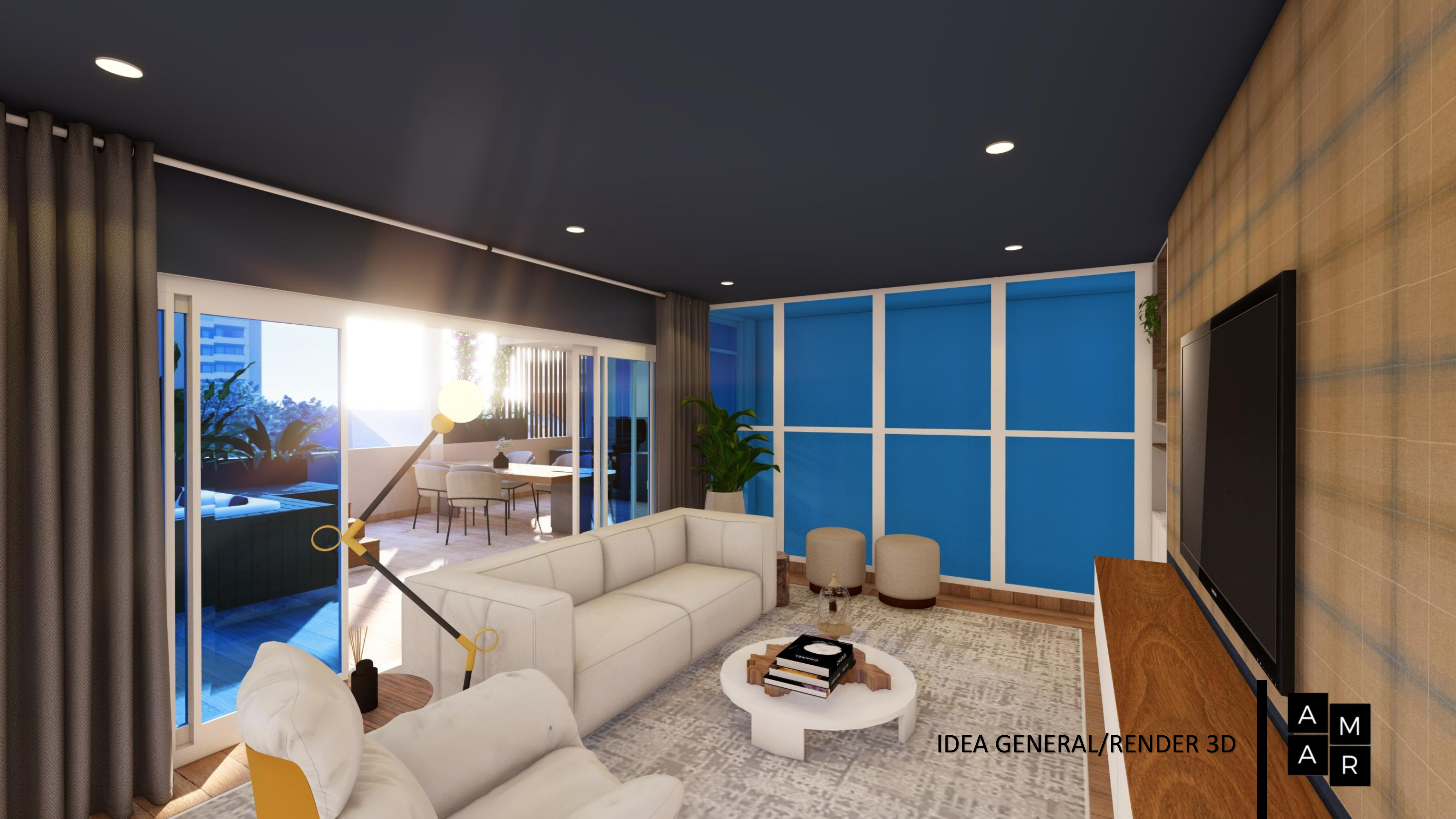 Render 3D de la sala familiar y el mueble de televisión