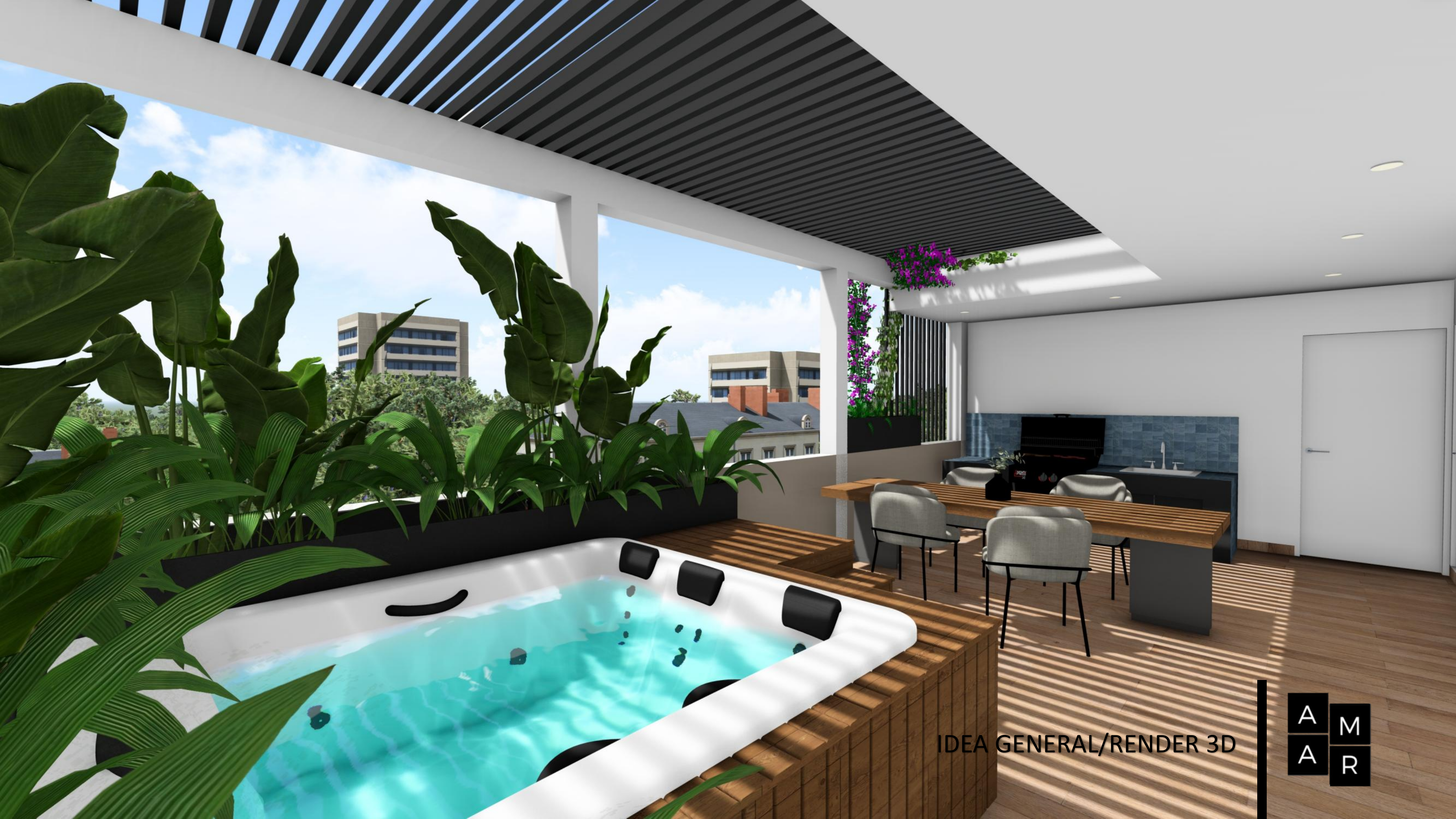 Render 3D amplio de la terraza con jacuzzi y BBQ