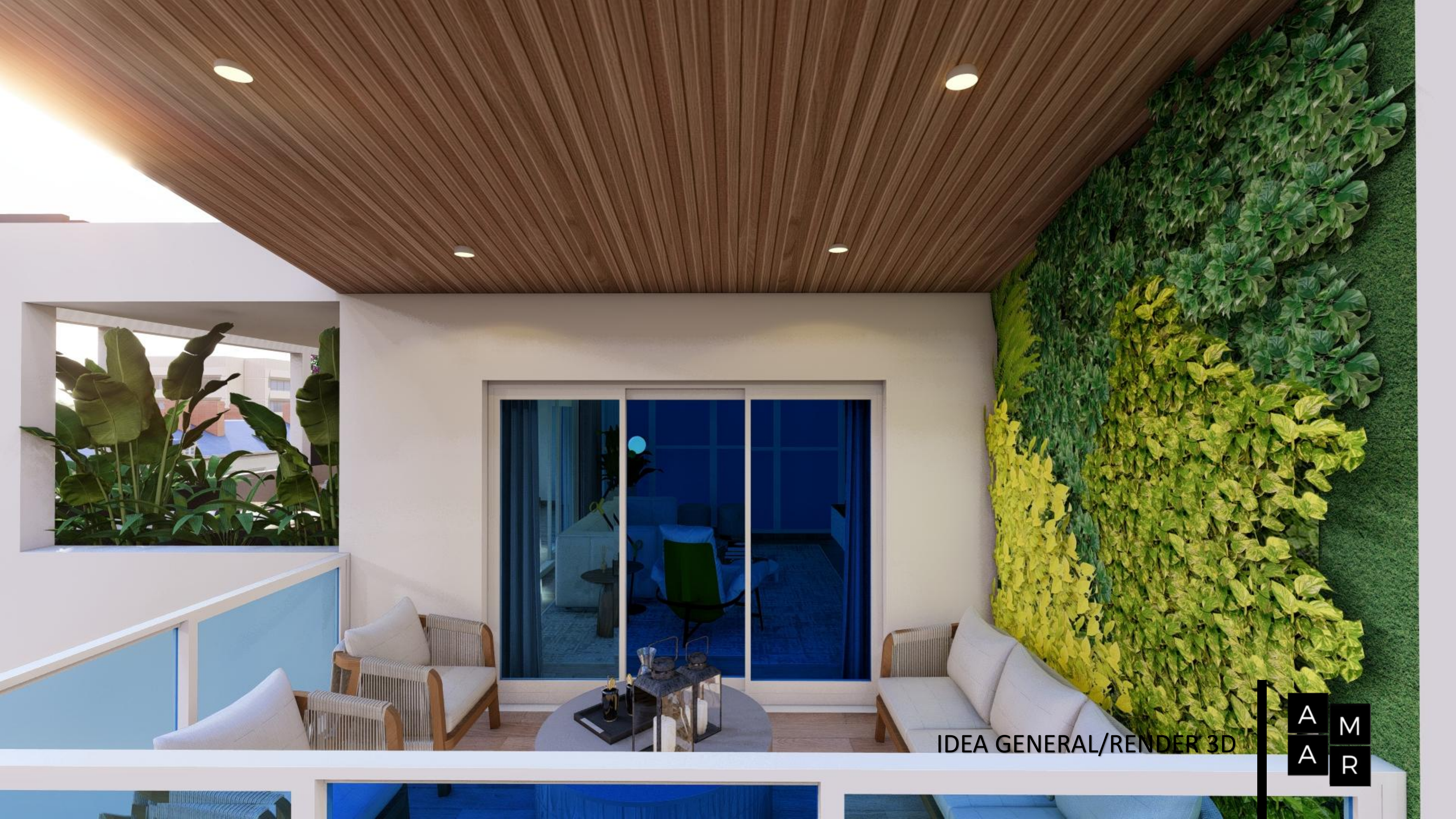 Render 3D de la terraza con jardín vertical