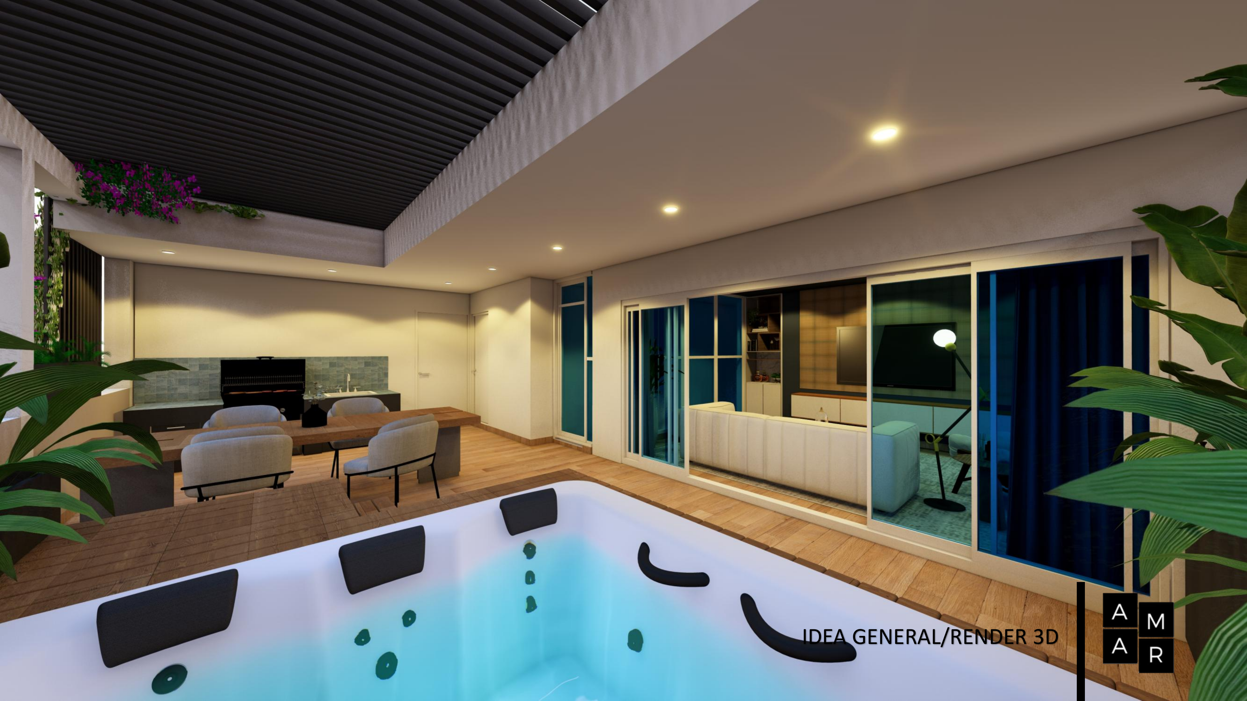 Render 3D panorámico del jacuzzi y las áreas sociales