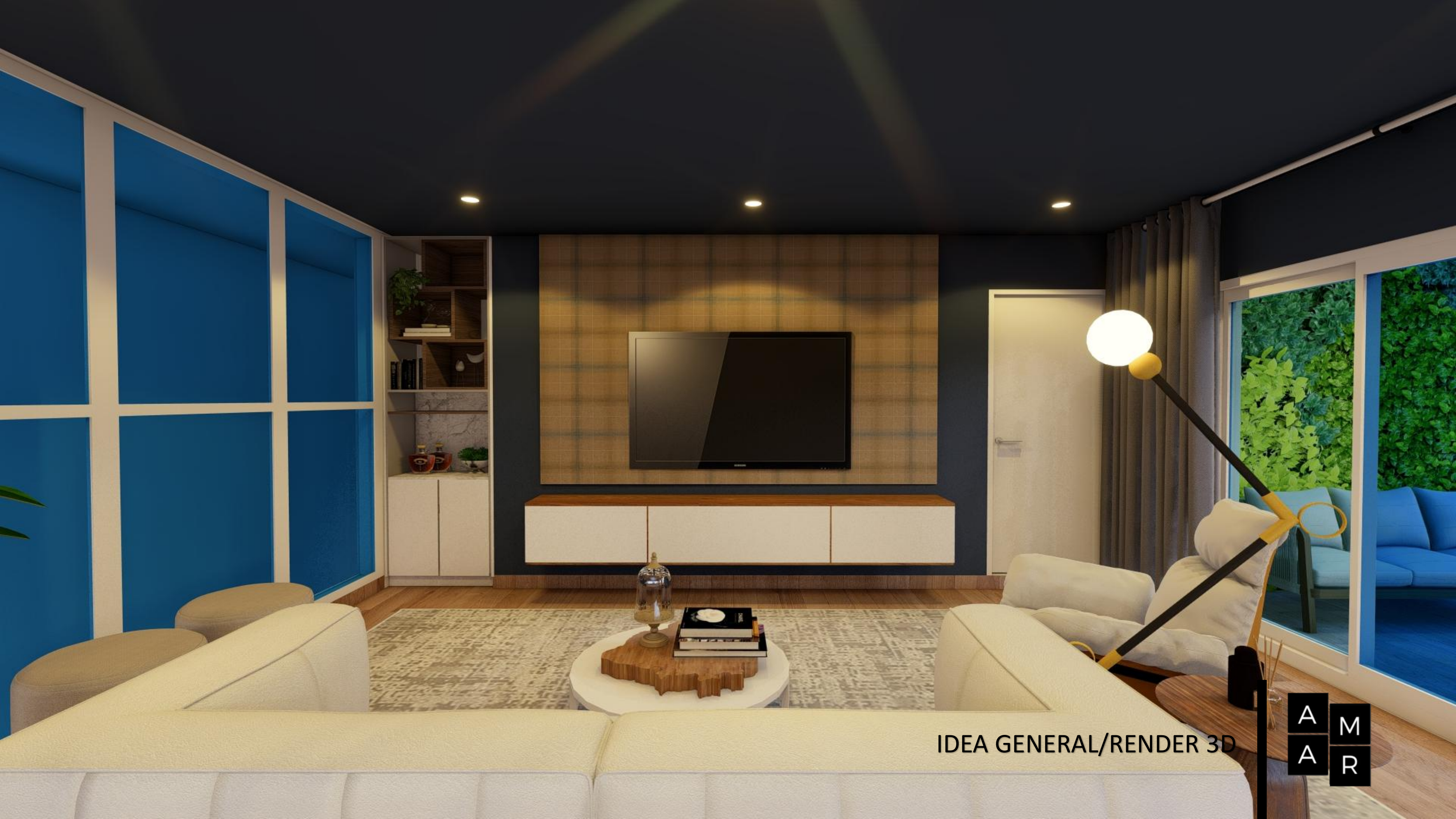 Render 3D de la sala familiar con mueble de televisión
