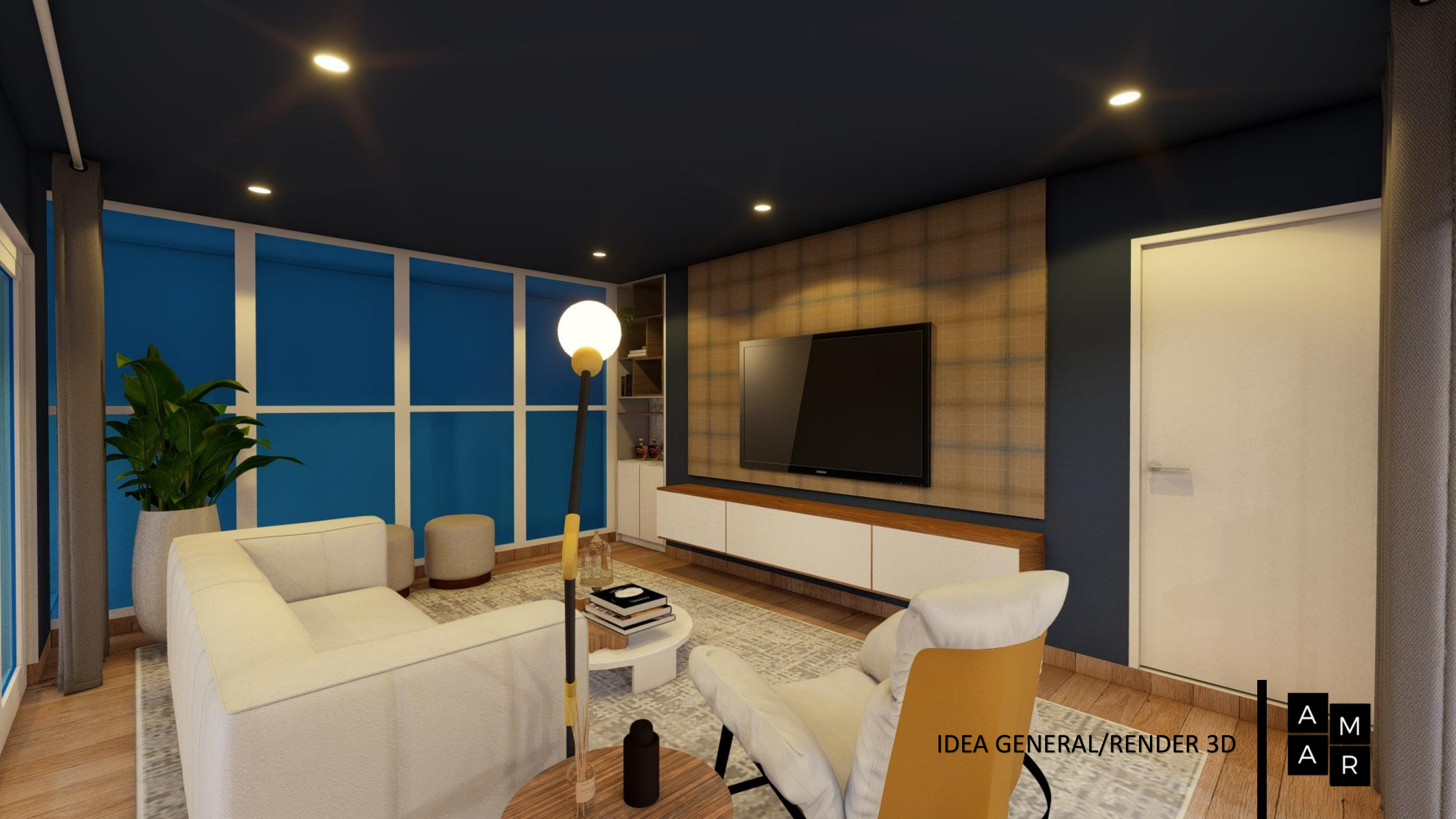 Render 3D de la sala familiar desde el comedor
