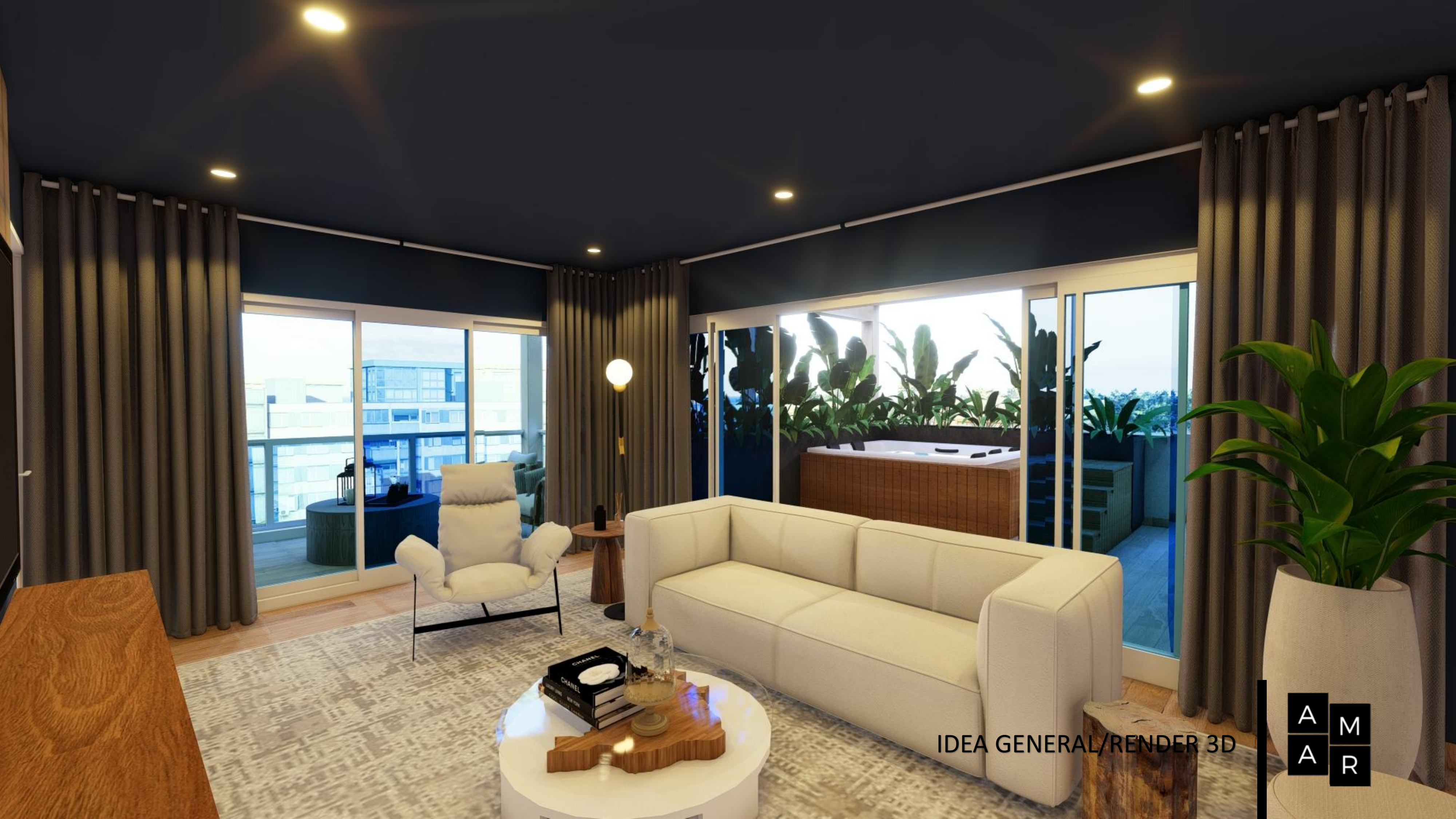 Render 3D panorámico de la sala familiar